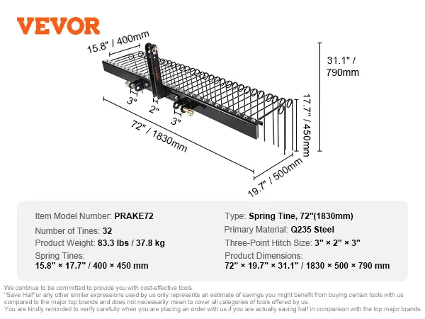 VEVOR sleephark, modelnummer prake72, met 32 tanden en Q235 stalen constructie.