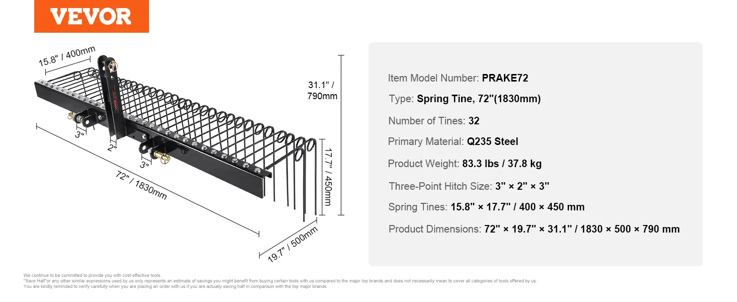 VEVOR sleephark, modelnummer prake72, met 32 tanden en Q235 stalen constructie.