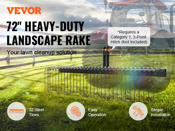 VEVOR getrokken tuinhark met 32 stalen tanden, eenvoudige bediening en eenvoudige installatie.