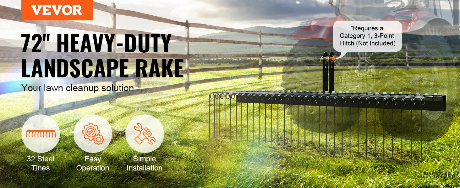 VEVOR getrokken tuinhark met 32 stalen tanden, eenvoudige bediening en eenvoudige installatie.