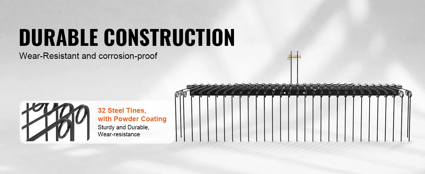 De VEVOR-sleephark heeft 32 stalen tanden, is duurzaam gebouwd, slijtvast en corrosiebestendig.