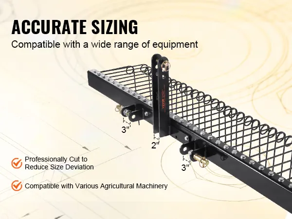 Nauwkeurige maatvoering voor de VEVOR getrokken tuinhark, compatibel met diverse landbouwmachines.