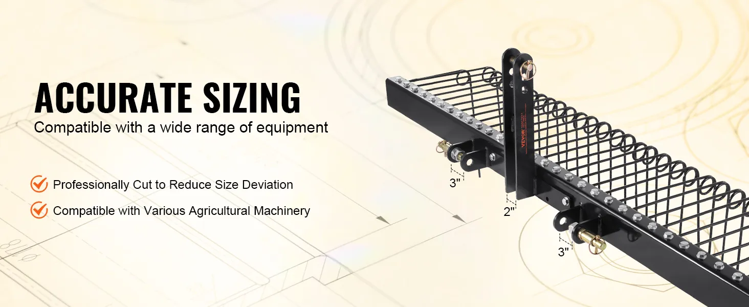 Nauwkeurige maatvoering voor de VEVOR getrokken tuinhark, compatibel met diverse landbouwmachines.