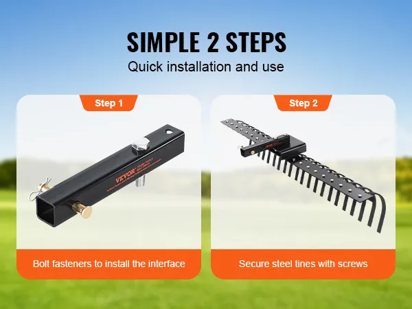 Installatie van de VEVOR sleephark: stap 1: bevestig de stalen tanden, stap 2: verbind de componenten.