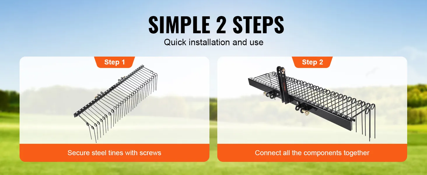 Installatie van de VEVOR sleephark: stap 1: bevestig de stalen tanden, stap 2: verbind de componenten.