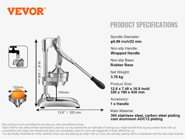 Exprimidor de cítricos VEVOR con mango envuelto, base de goma, acero inoxidable 304 y 12,6 x 7,48 x 16,9 pulgadas.