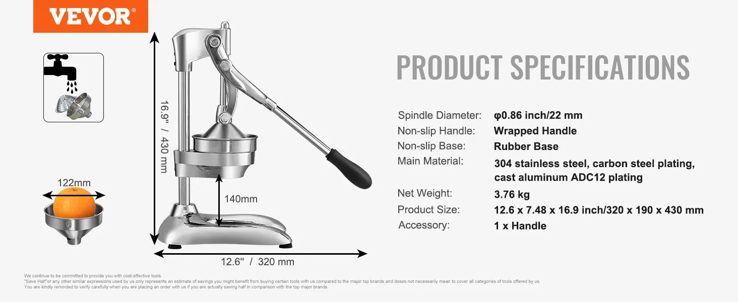 VEVOR citrus juice press with wrapped handle, rubber base, 304 stainless steel, and 12.6 x 7.48 x 16.9 in.