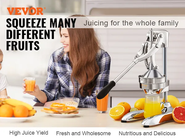 Exprimidor de cítricos VEVOR: la familia disfruta de jugo de naranja fresco con el desayuno, con alto rendimiento de jugo.