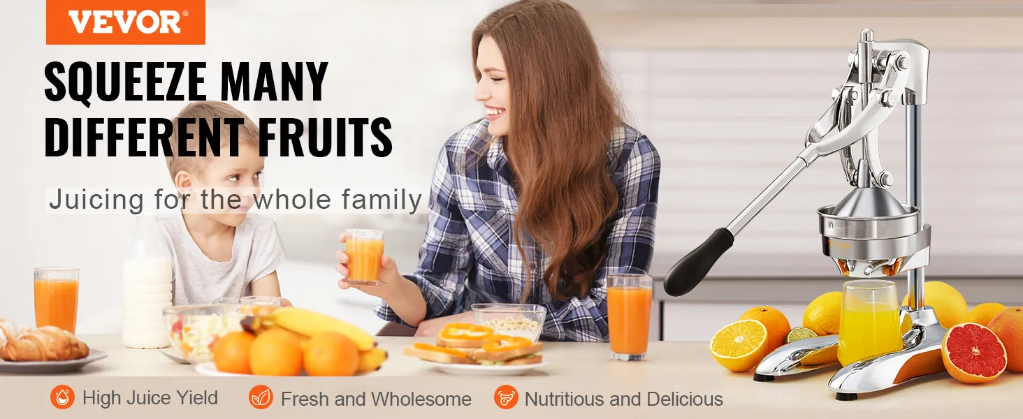 Exprimidor de cítricos VEVOR: la familia disfruta de jugo de naranja fresco con el desayuno, con alto rendimiento de jugo.