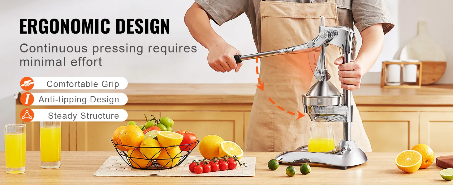 Persona utilizando exprimidor de cítricos VEVOR, mango ergonómico, rodeado de frutas frescas y vasos de jugo.