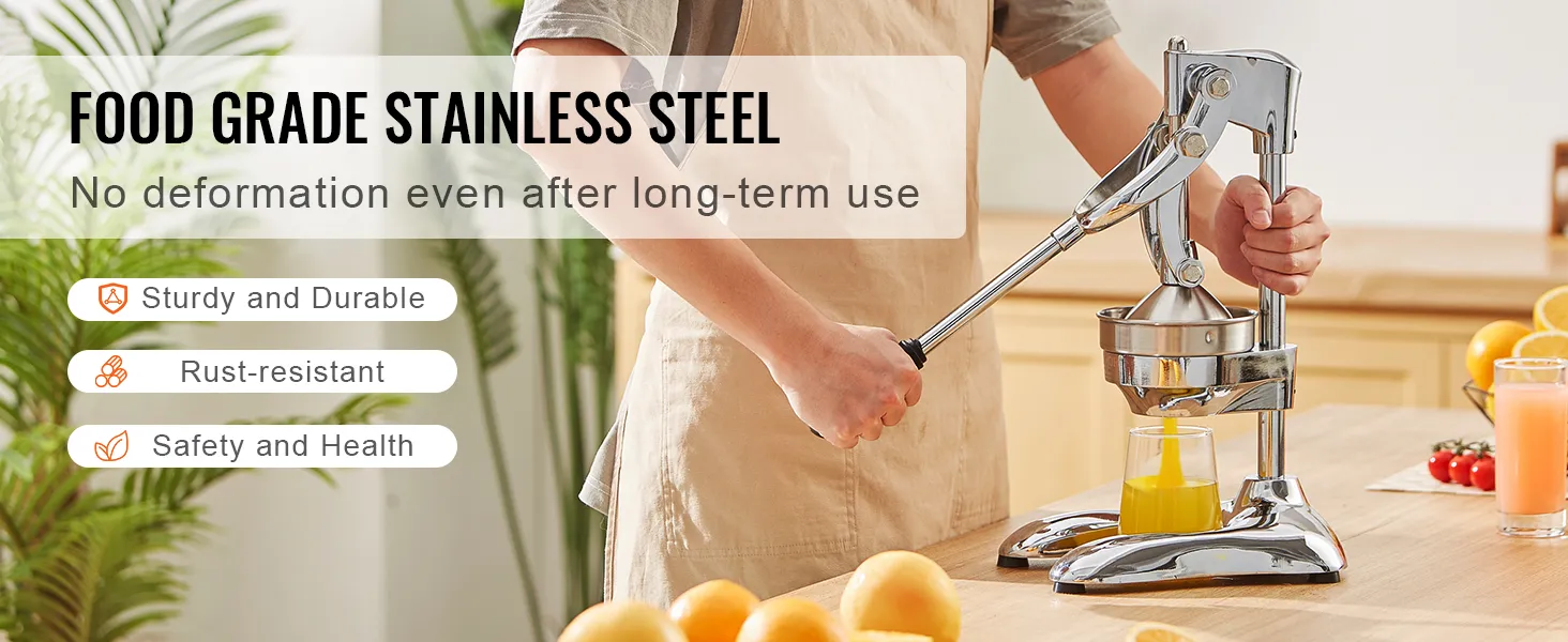 person using VEVOR citrus juice press in kitchen with oranges, food grade stainless steel, rust-resistant.