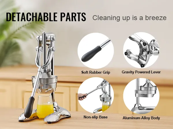 Exprimidor de cítricos VEVOR con piezas desmontables, que incluye agarre de goma suave, base antideslizante y cuerpo de aleación de aluminio.