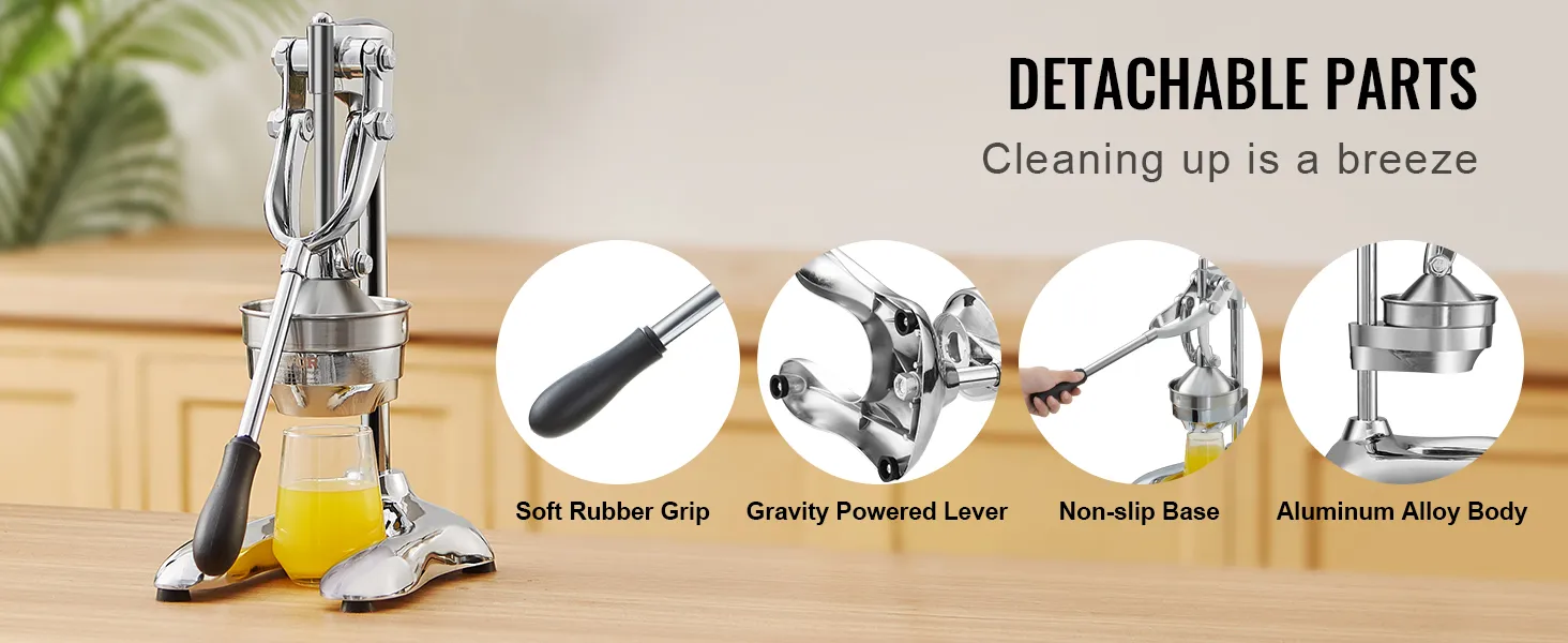 Exprimidor de cítricos VEVOR con piezas desmontables, que incluye agarre de goma suave, base antideslizante y cuerpo de aleación de aluminio.