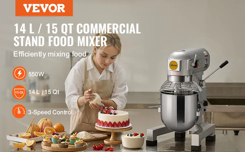 VEVOR food mixer; 14l/15qt capacity, 550w power, 3-speed control. cakes and fruits on table nearby.