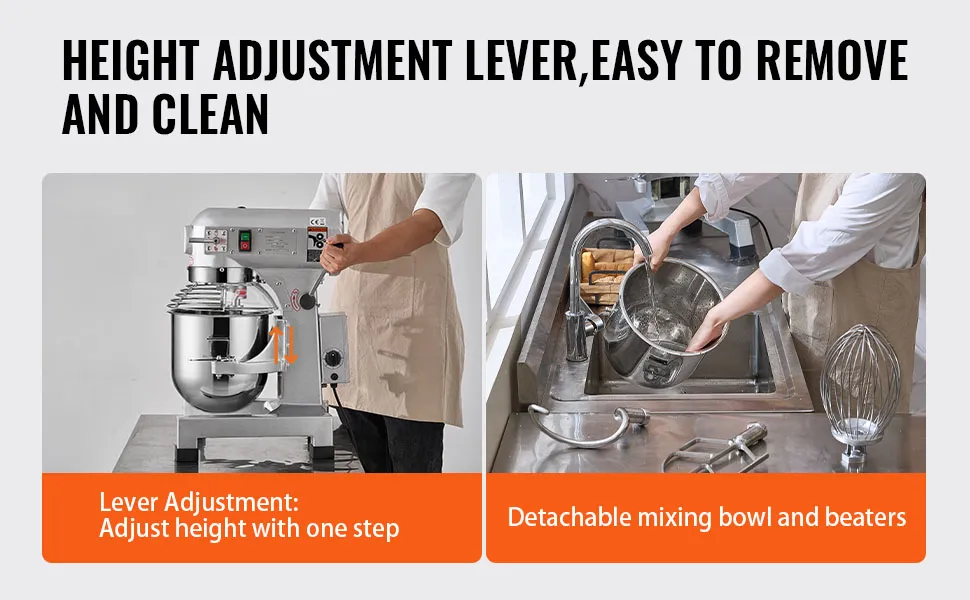 VEVOR food mixer with adjustable height lever, detachable mixing bowl, and beaters for easy cleaning.