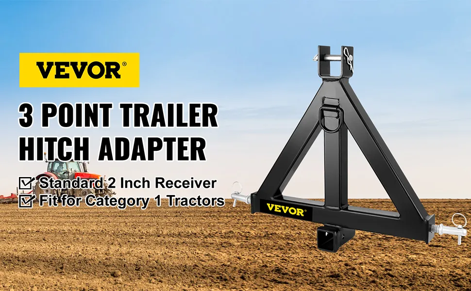 VEVOR 3 point trailer hitch adapter with standard 2-inch receiver for category 1 tractors.