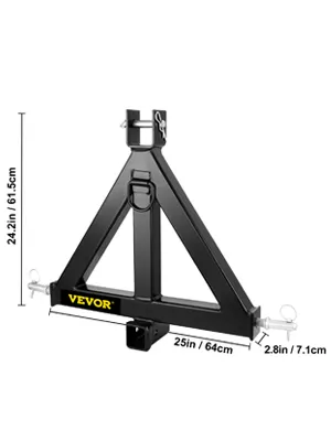 black VEVOR 3 point trailer hitch with dimensions in inches and centimeters.