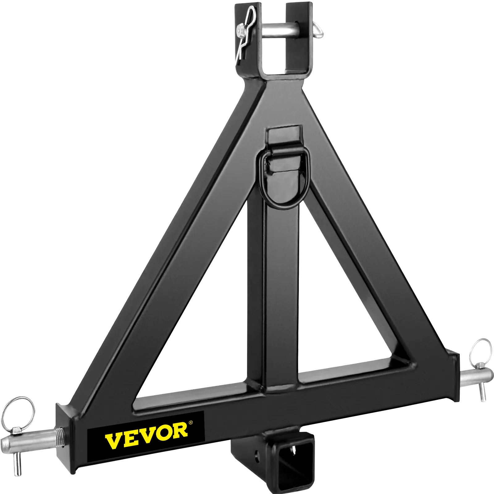 VEVOR 3 point trailer hitch in black with yellow branding and secured with pins.