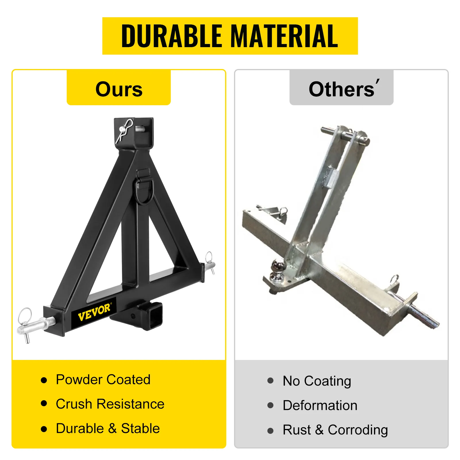 VEVOR 3 point trailer hitch comparison: powder-coated, crush-resistant, durable against others.