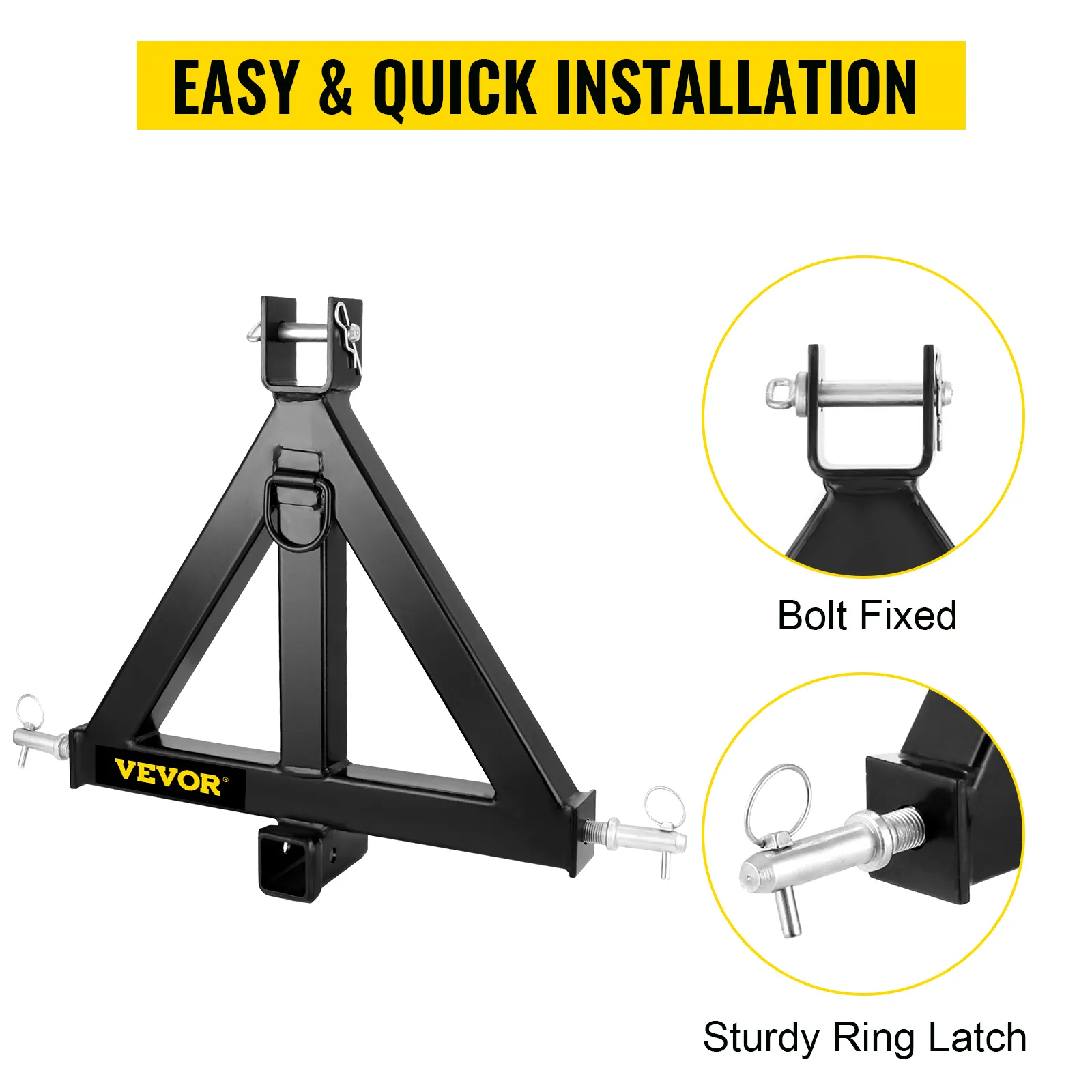 VEVOR 3 point trailer hitch with bolt fixed and sturdy ring latch for quick installation.