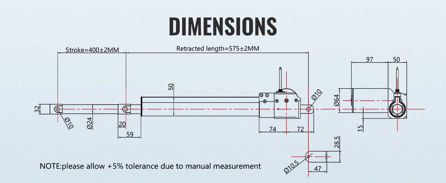 Лінійний актуатор VEVOR 12, навантаження 6000 Н, довжина ходу 400 мм, конструкція з алюмінієвого сплаву, клас захисту IP44.