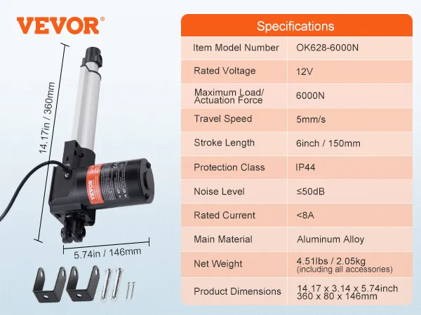 Actuador lineal VEVOR 12v, fuerza 6000n, aleación de aluminio, protección ip44, 14,17 pulgadas de largo, 5,74 pulgadas de ancho