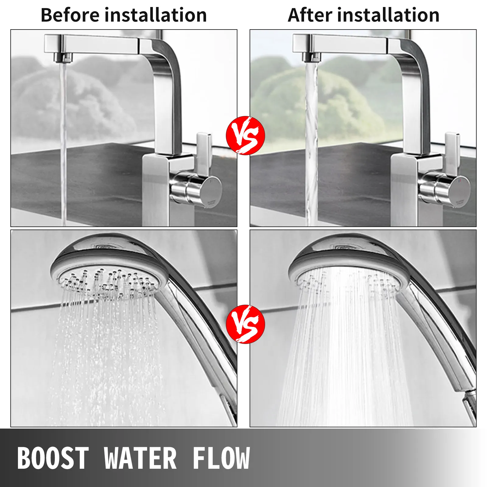 Antes y después de la instalación de la bomba de recirculación VEVOR en el grifo y la ducha. aumenta el flujo de agua.