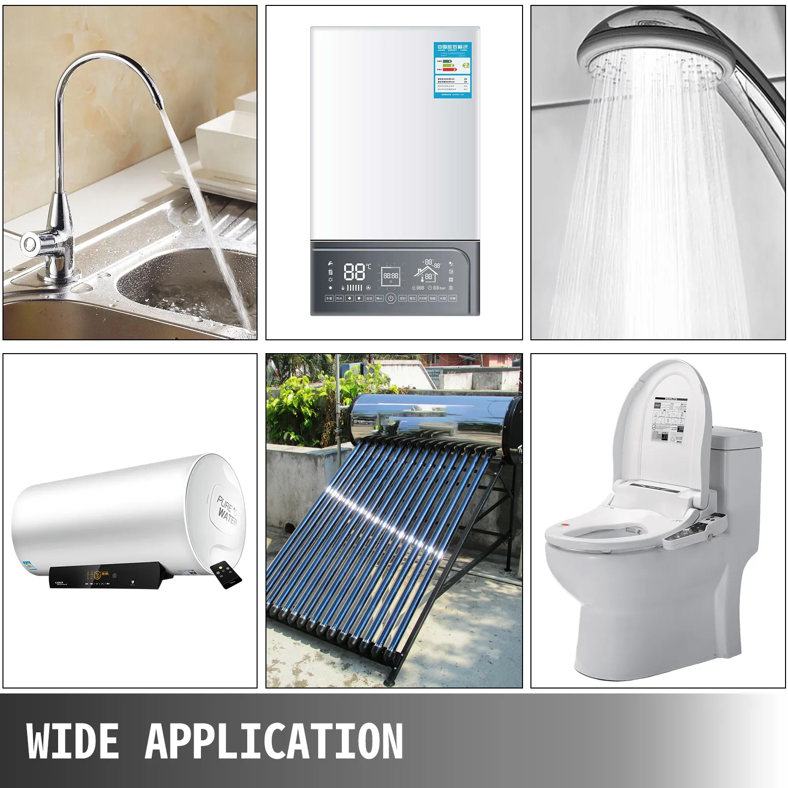 Diversos usos de la bomba de recirculación VEVOR para grifos, duchas, calentadores e inodoros.