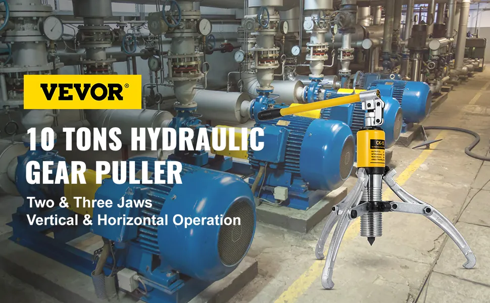 VEVOR hydraulic gear puller in industrial setting with machinery in the background.