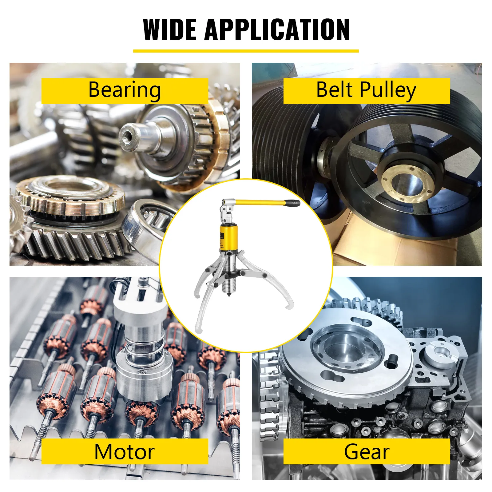 VEVOR hydraulic gear puller for bearing, belt pulley, motor, and gear applications.