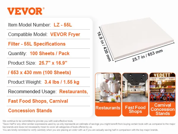 Filtr papierowy do frytkownicy VEVOR LZ-55L, 100 arkuszy, 25,7" x 16,9". Idealny do restauracji, barów szybkiej obsługi, karnawałów.