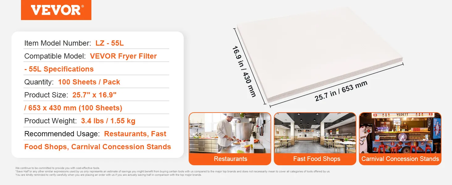 Filtr papierowy do frytkownicy VEVOR LZ-55L, 100 arkuszy, 25,7" x 16,9". Idealny do restauracji, barów szybkiej obsługi, karnawałów.