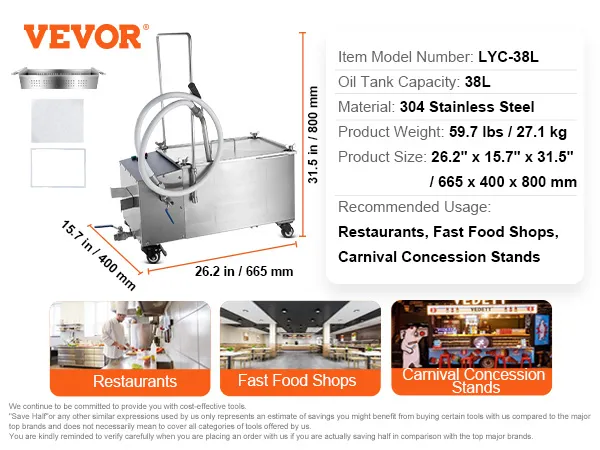 Filtro para freidora móvil VEVOR, capacidad 38l, acero inoxidable, dimensiones: 26,2" x 15,7" x 31,5".