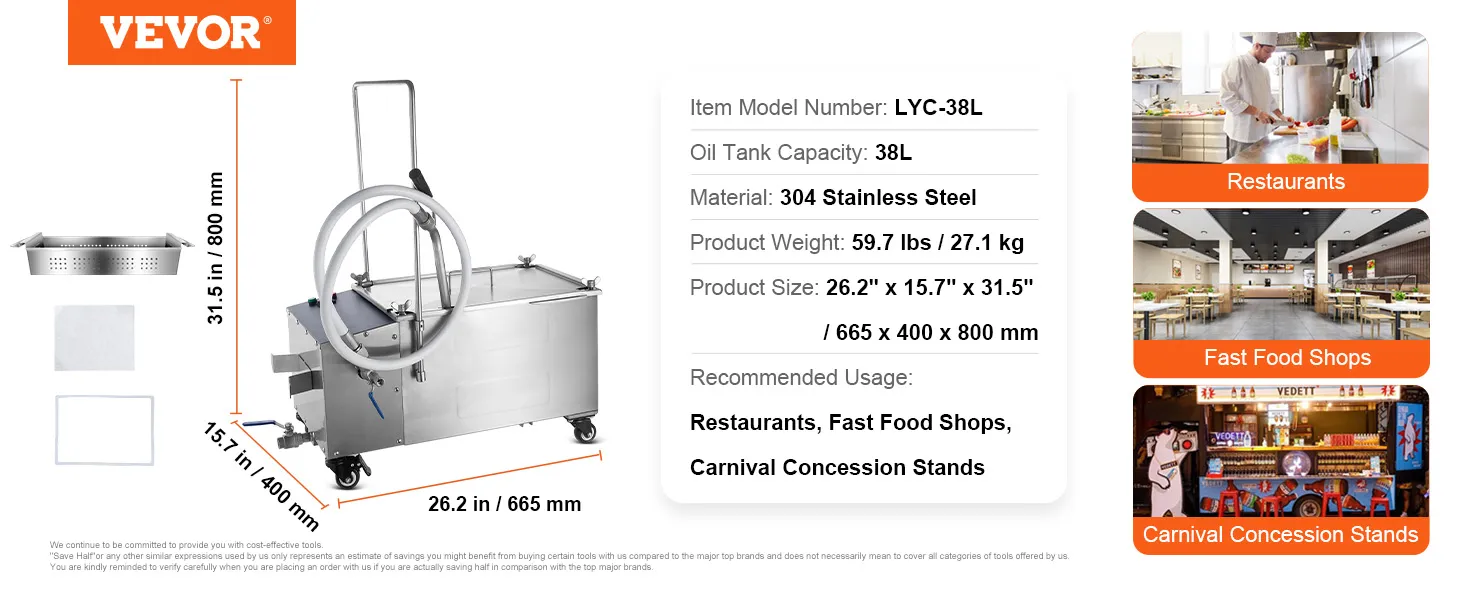 Filtro para freidora móvil VEVOR, capacidad 38l, acero inoxidable, dimensiones: 26,2" x 15,7" x 31,5".