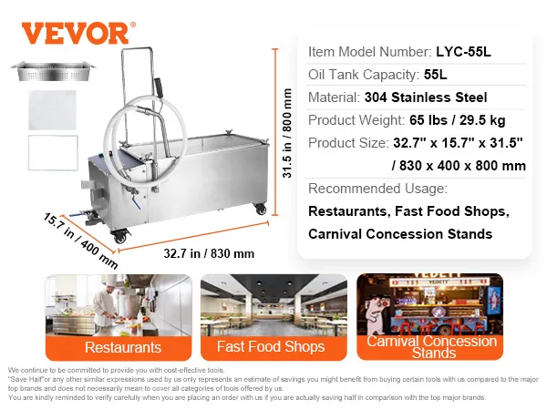 Filtro per friggitrice mobile VEVOR LYC-55L, acciaio inox 304, 55L, per ristoranti e fast food.