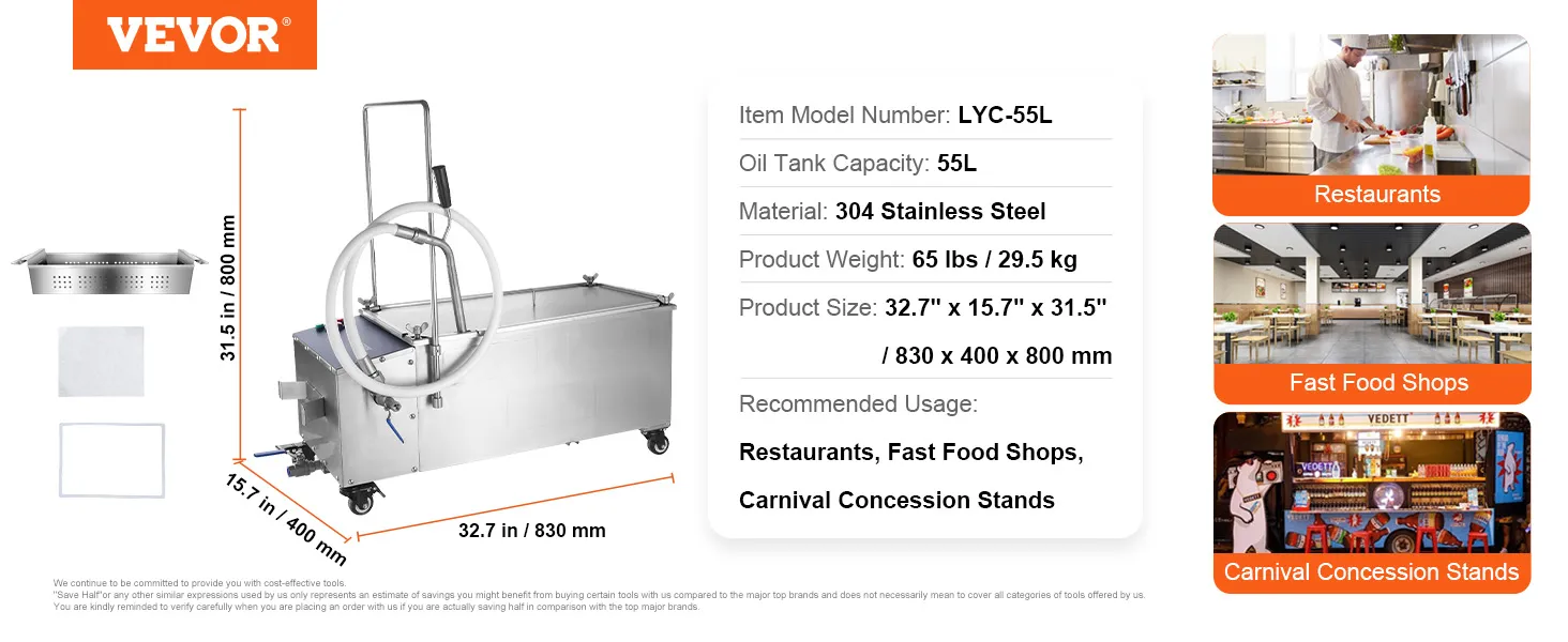 Filtro per friggitrice mobile VEVOR LYC-55L, acciaio inox 304, 55L, per ristoranti e fast food.