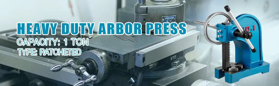 VEVOR heavy duty arbor press, 1-ton capacity, ratcheted type, in a milling workspace.