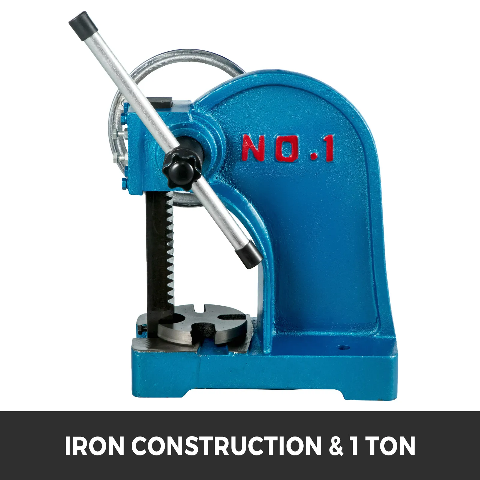 VEVOR heavy duty arbor press no. 1, 1-ton iron construction in blue.