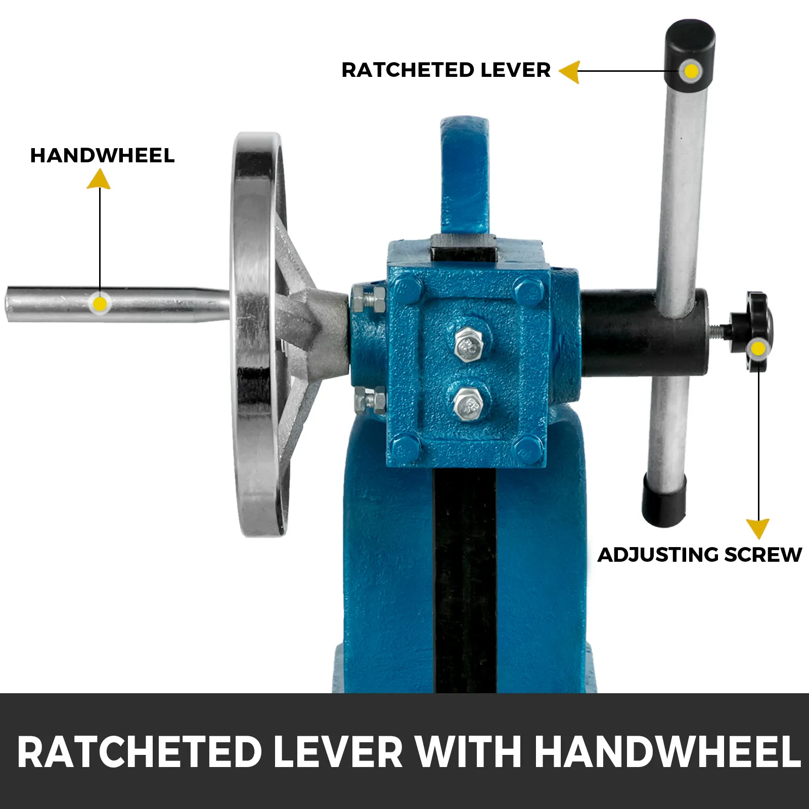 ratcheted lever and handwheel on a VEVOR heavy duty arbor press for precise adjustments.
