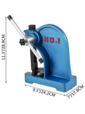 blue VEVOR arbor press with measurements: 11.3"x9.5"x7".