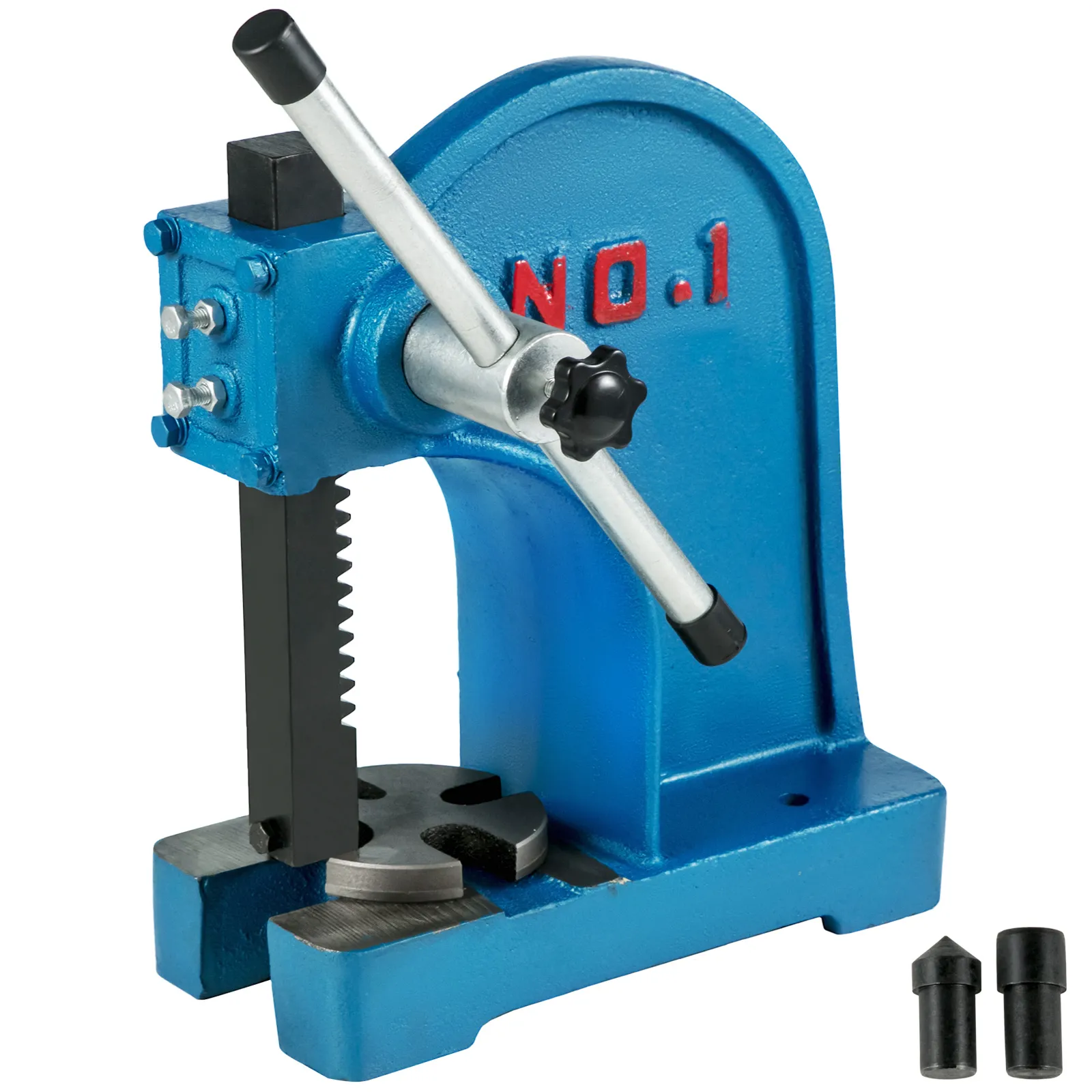 blue VEVOR arbor press no.1 with black handle and two accessories included.