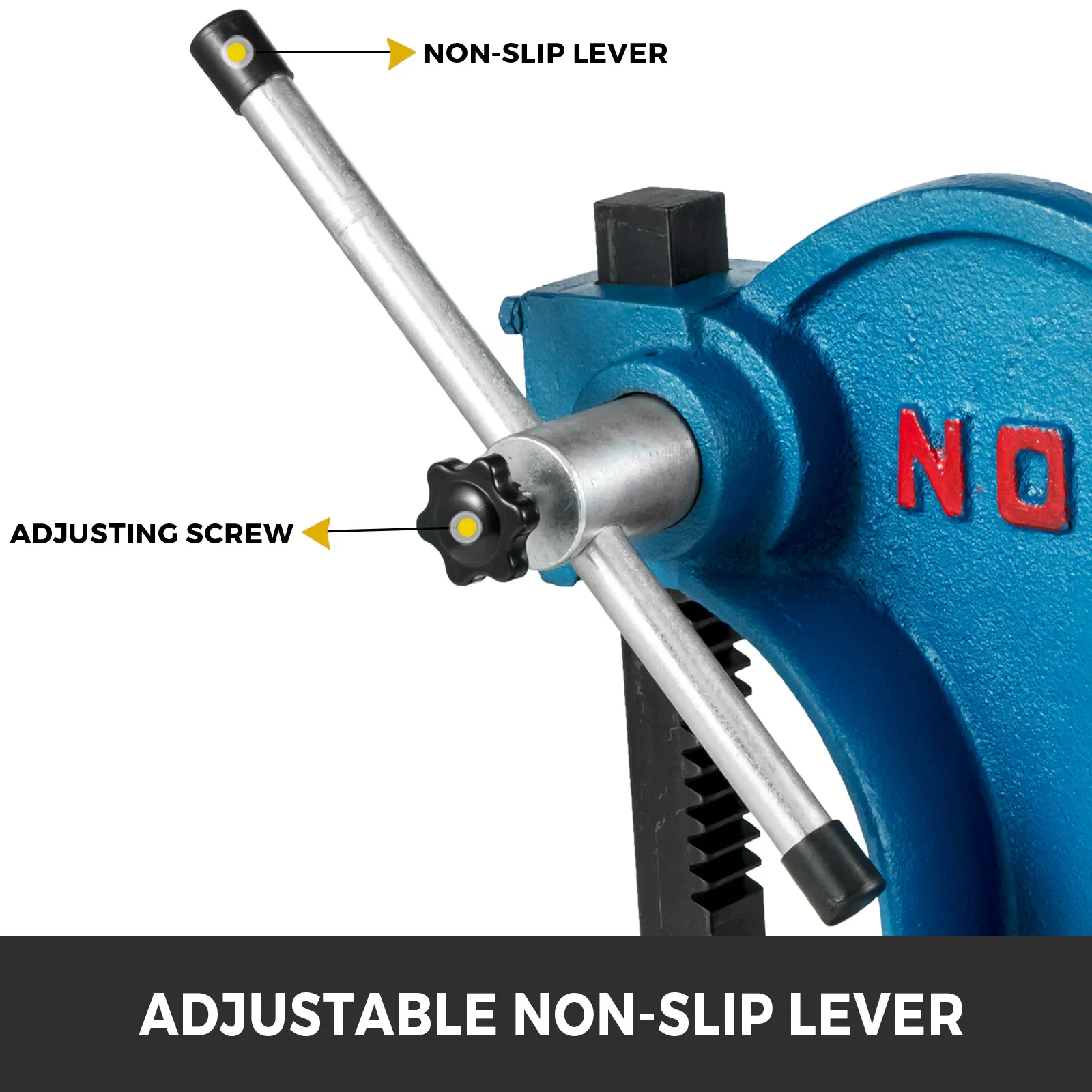 VEVOR arbor press showing adjustable non-slip lever and adjusting screw.