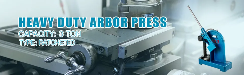 VEVOR heavy duty arbor press with 3-ton capacity and ratcheted type, in blue.