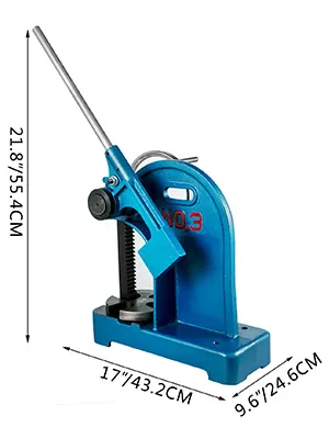 blue VEVOR heavy duty arbor press with handle and measurement specifications.