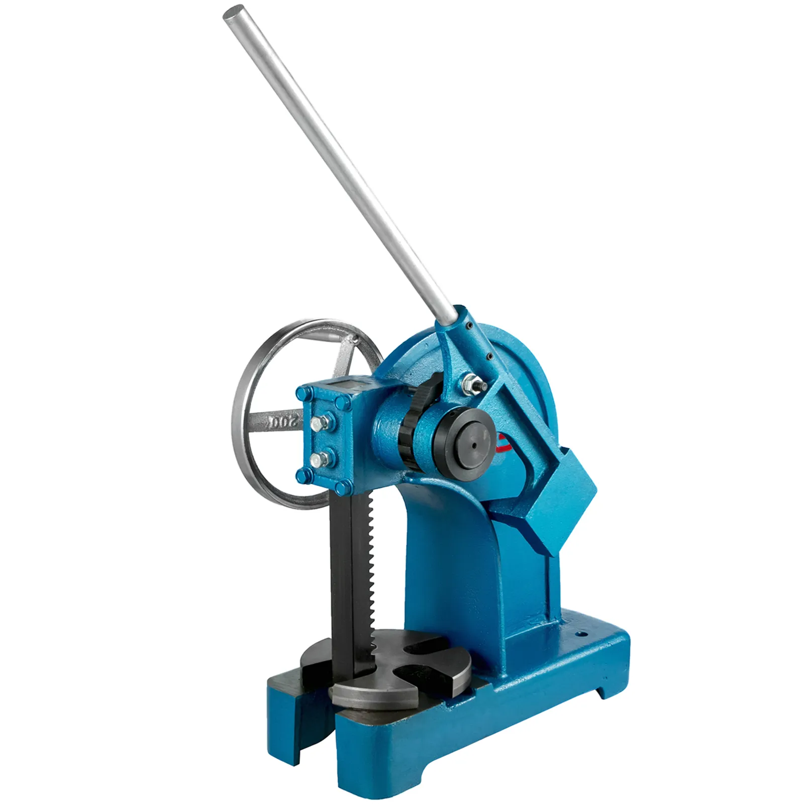 VEVOR heavy duty arbor press in blue with a lever and gear mechanism.