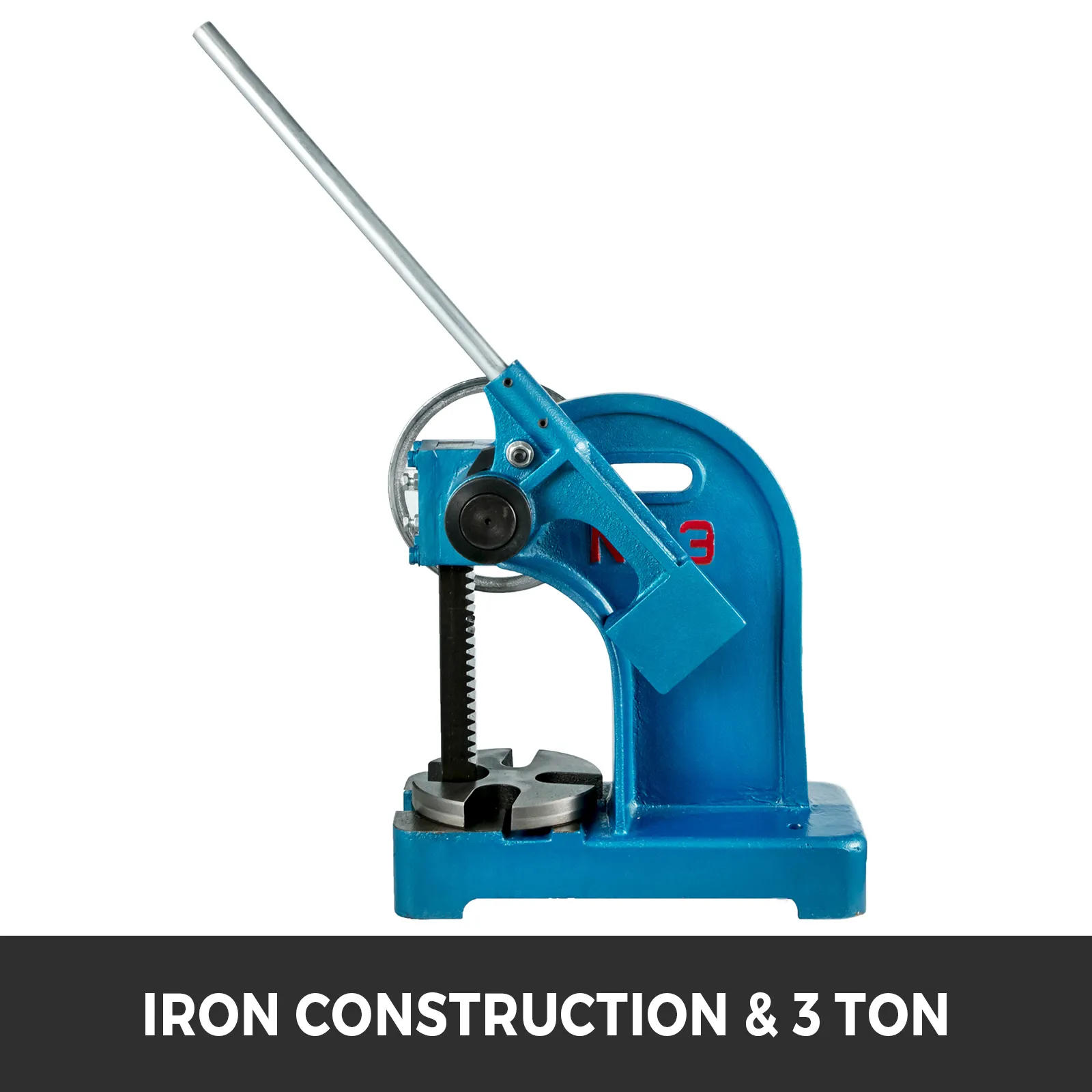 VEVOR heavy duty arbor press, iron construction, 3-ton capacity, blue machine.
