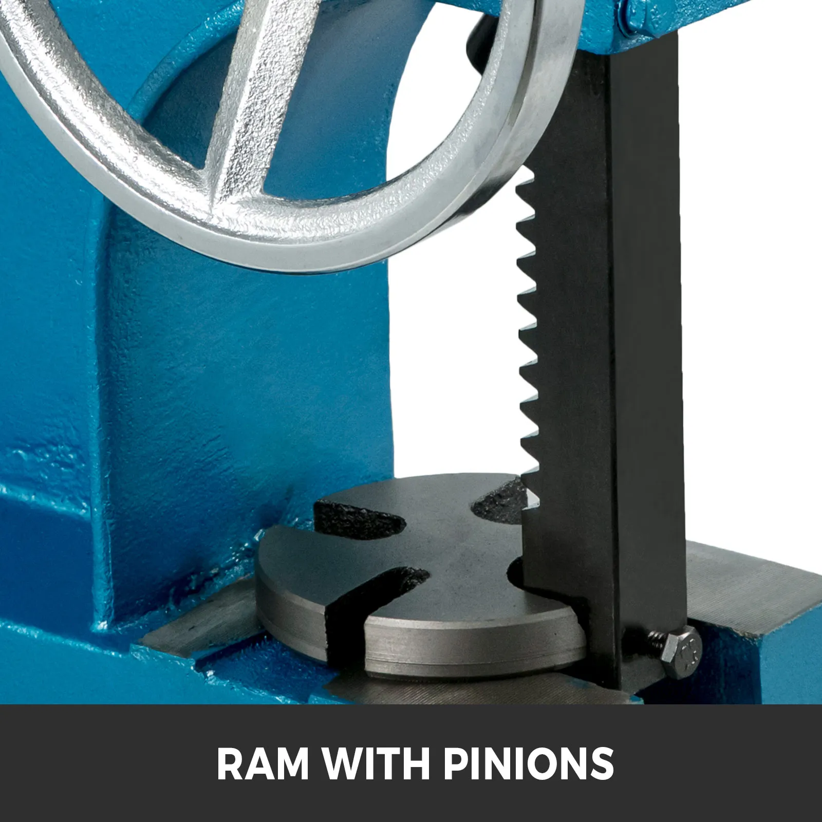VEVOR heavy duty arbor press ram and pinion gear mechanism in blue finish.