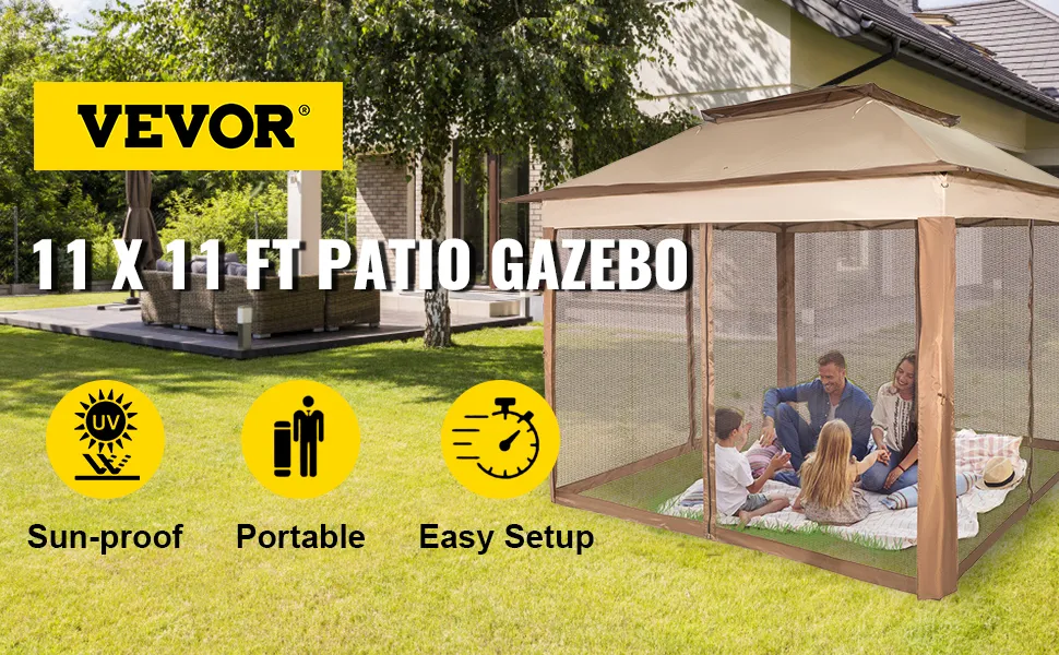Carpa para exteriores VEVOR ubicada sobre el césped con la familia sentada dentro de un cenador con paneles de malla.
