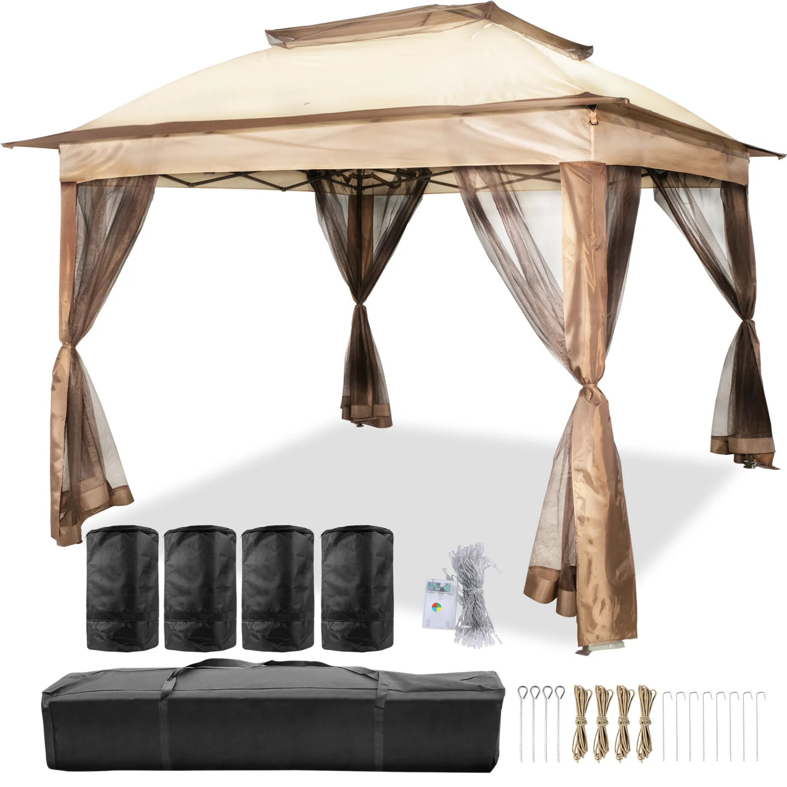 Tienda de campaña para exteriores VEVOR con cortinas de malla, bolsa de transporte y conjunto de accesorios.