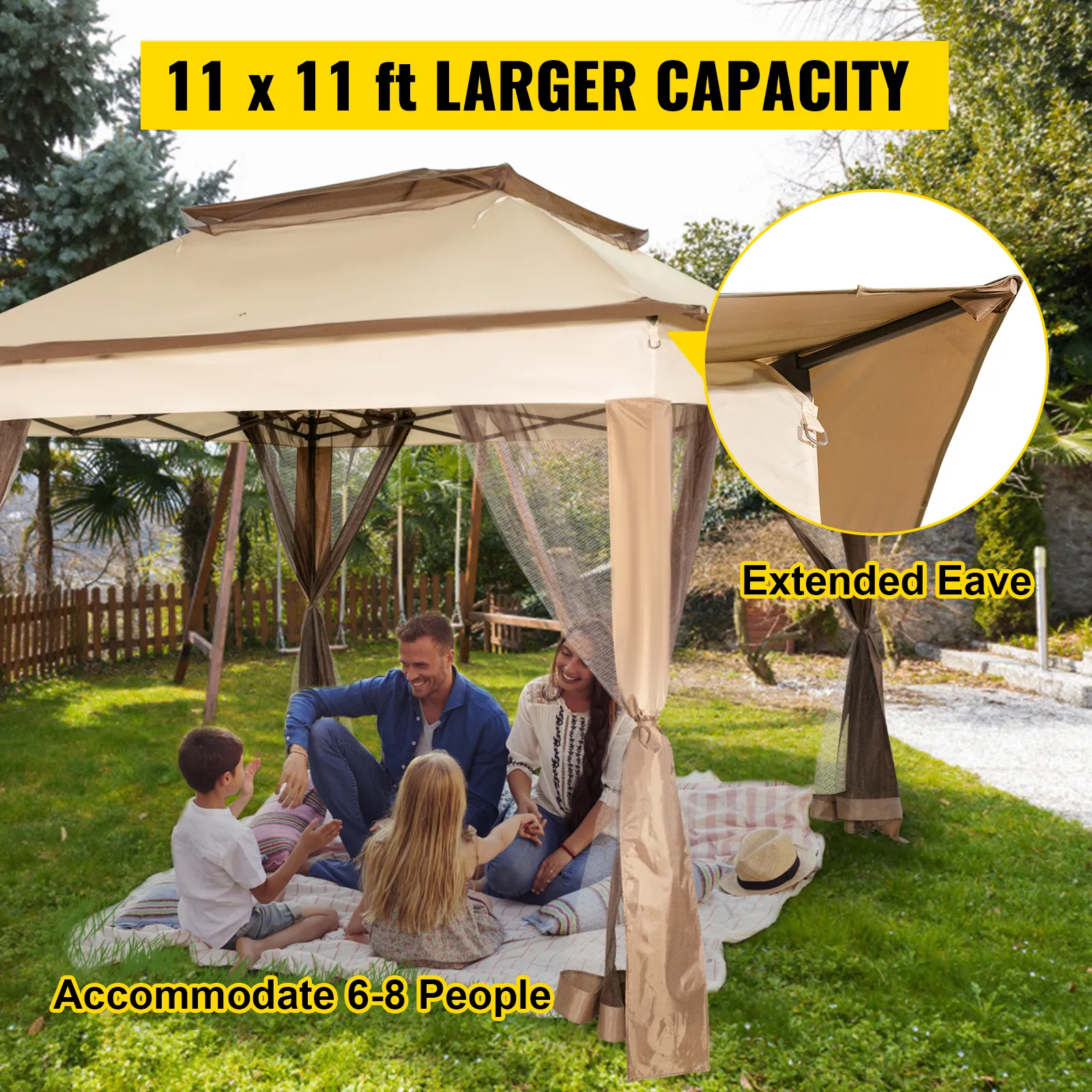 Tienda de campaña para exteriores VEVOR, 11 x 11 pies, con capacidad para 6 a 8 personas, diseño de alero extendido.